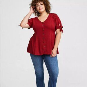 NWT Torrid Red Flowy Fit & Flare Tie Sleeve V-Neck Button Up Blouse Sz 1X